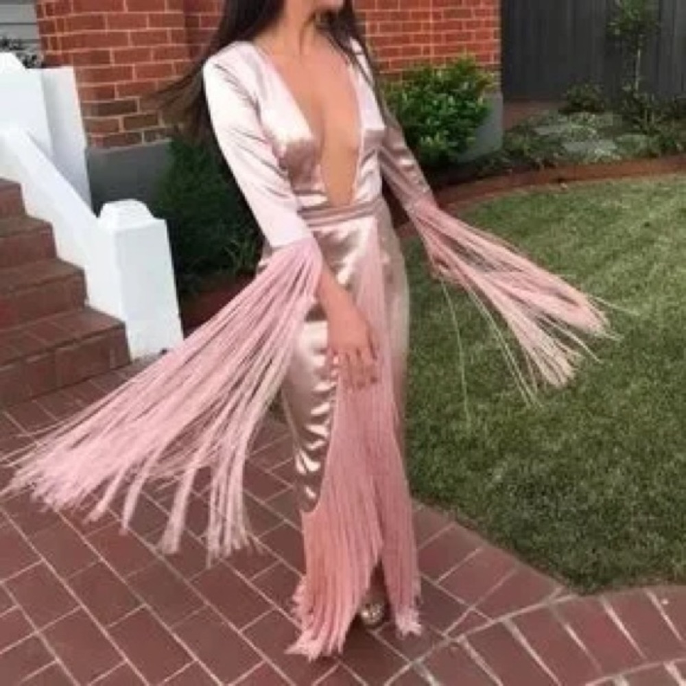 House of CB Pink Plunge Long Sleeve Gown
